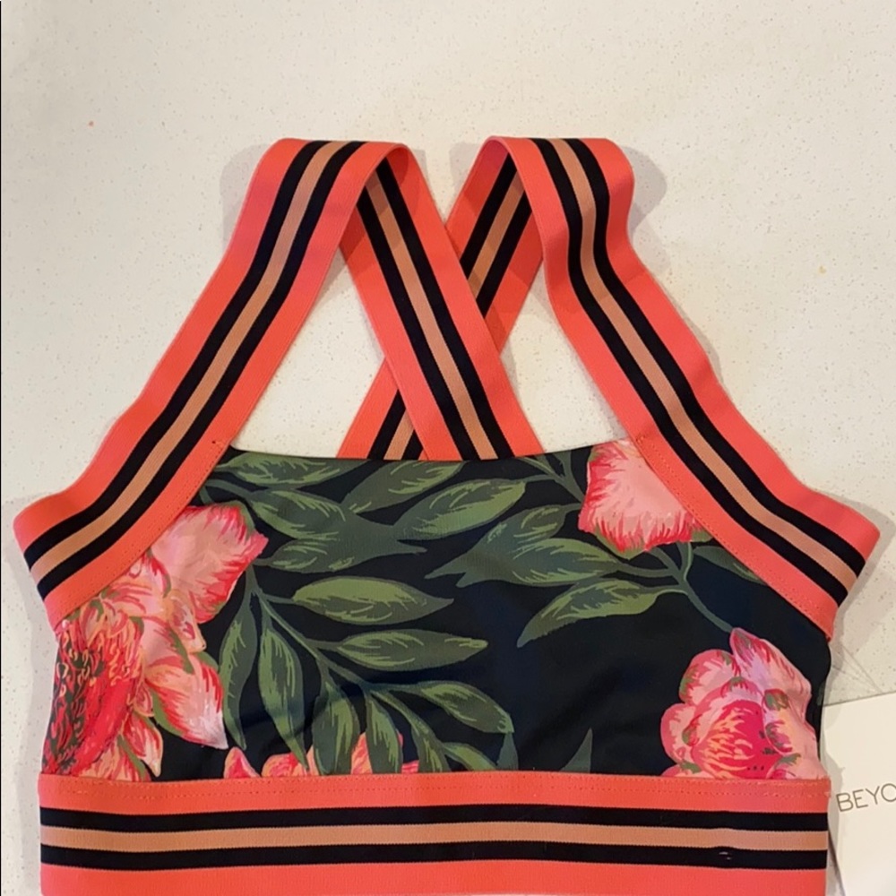 Beyond Yoga Black and Pink Floral Strappy Bra